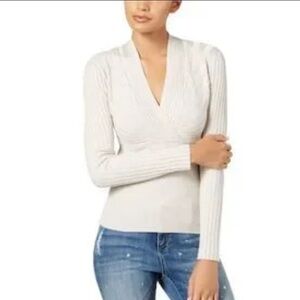 INC Ivory V Neck Surplice Empire Waist Ribbed LS Silk Sweater S Small $89 EUC KL